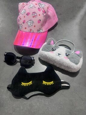 Kids Kitty Bundle Pink Mesh Trucker Cap kitty sunglasses & kitten sleep mask.